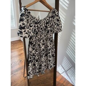 Oliver Bonas Linen Blend Smocked Damask Puff Sleeve Mini Dress Black White US 10